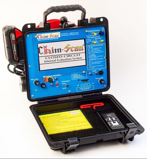 The Chim-Scan® 100 Controller with a 7" Monitor has switches that control the operations of the camera. There is an SD Recorder for images and videos.  A drill battery (not included) is attached to the lid. The battery adaptor is provided based on the consumer's preference. The base exterior houses a Reeler with a video cable. Includes a plug-in power cord. Housed in a plastic case with two latches.