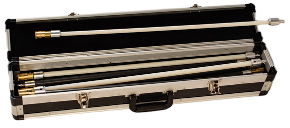 The black and silver rod case is open with black and white rods showing with Kwick-Lock Fittings.