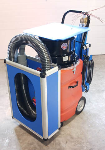 A large vac with 2 hoses, 3 motors, and room for chimney cleaning tools. 
