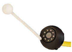 The Chim-Scan® Dryer Vent Plus Camera is encased in a rounded black form. Nine bright LED lights surround the camera lens. A white probe with a rounded ball on the end protrudes from the camera front. On the back, a video cable encased in a rod is yellow. 