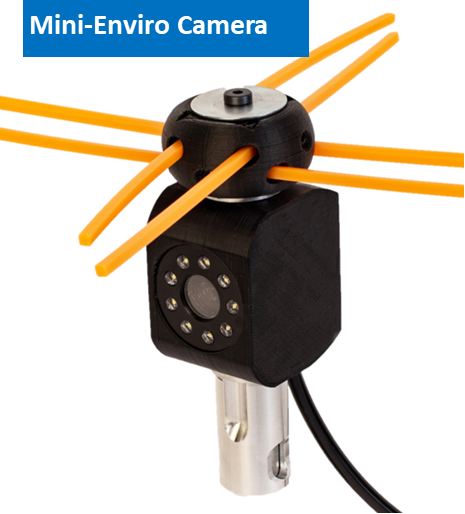 The Chim-Scan® Mini-Enviro™ Chimney Inspection Camera is shown with Orange Whisker Stabilizers and 9 bright LED lights.